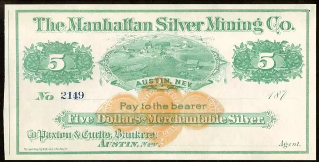 1870s $5 DOLLAR SILVER MINING AUSTIN NEVADA LARGE SIZE NOTE GOLD IR SEAL UNC