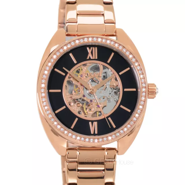 FOSSIL Vale Womens Automatic Watch Black Skeleton Dial Crystals Rose Gold Band