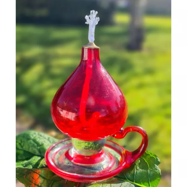 Vintage Oil Lamp - Art Glassware Teardrop Shape with Handle Drip Tray & Wick Red