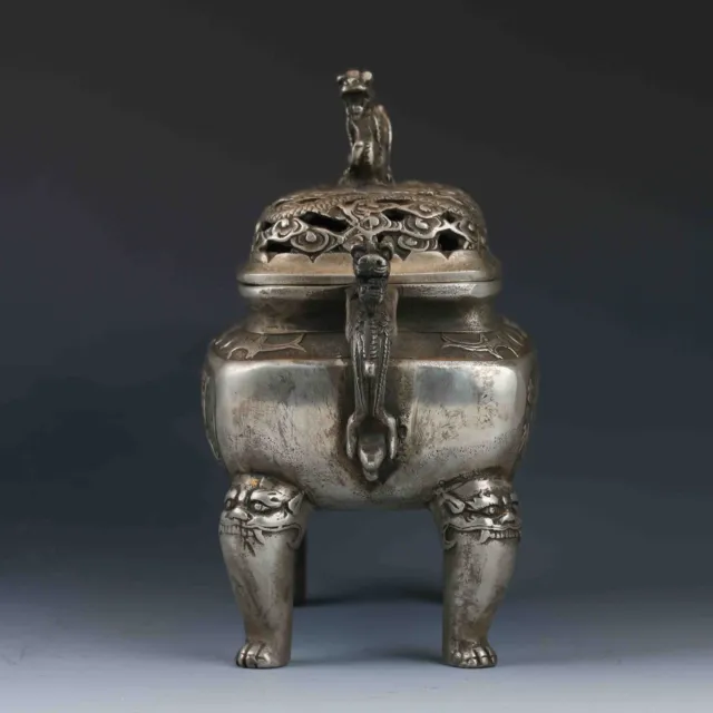 Chinese Tibetan Silver Hand-carved Dragon Incense Burner&Lid XuanDe Mark 3