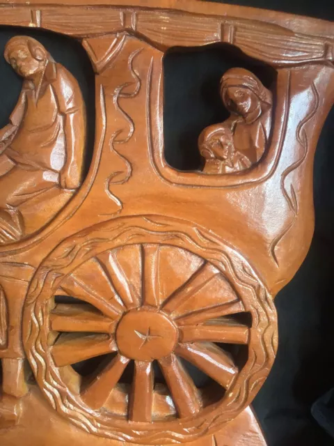 Vintage WOOD Hand Carved Horse Drawn Carriage Caravan ARTISAN Wall Hanging RARE 2