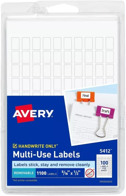 Avery 5412 Removable Multi-Use Labels  Handwirte  5/16" x 1/2" 1100 Label White