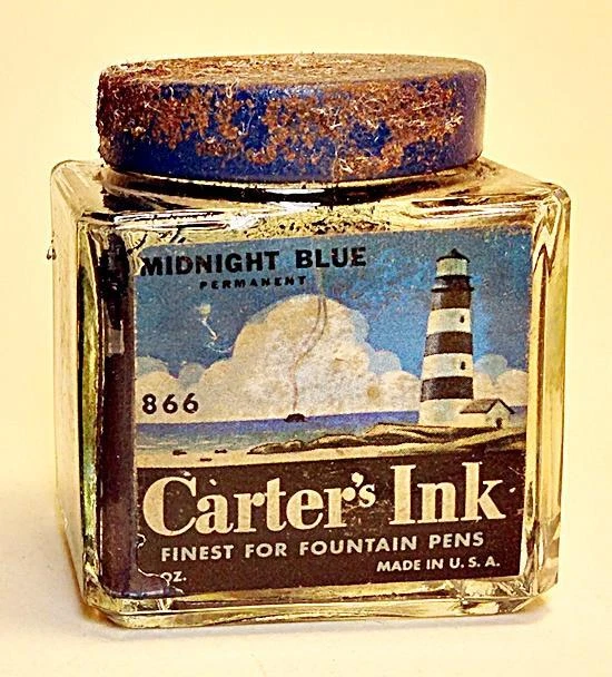 Vintage Carters Fountain Pen Ink MIDNIGHT BLUE Square Bottle LIGHTHOUSE Lid DMGD