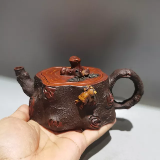 7″ China Yixing Zisha Purple clay pot Handmade carve stump Kung Fu Health Teapot