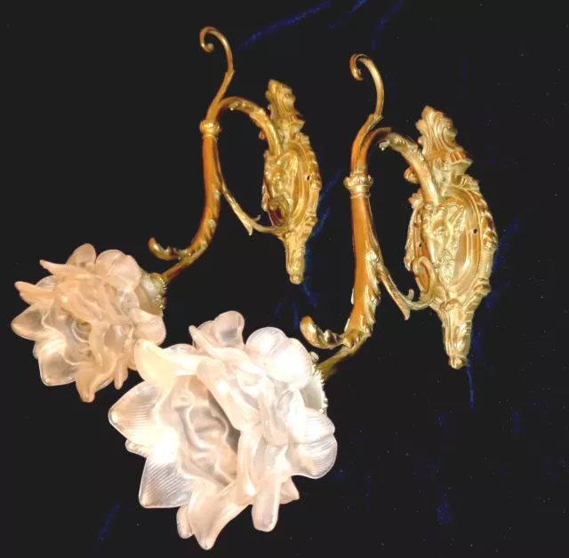 Pair of Gorgeous Rare Antique French Bronze/ Brass Sconces Ram Heads Satin Roses