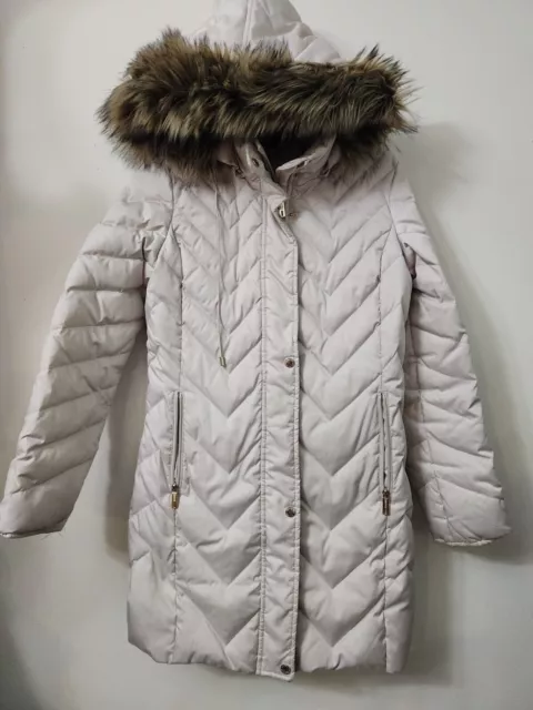 kenneth Cole Reaction Size M Faux Fur Trim Hooded Down Puffer Winter Coat Biege