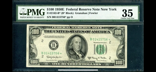 1950E $100 Fr# 2162-B* 35 New York Star Note Federal Reserve Dollar Bill Error