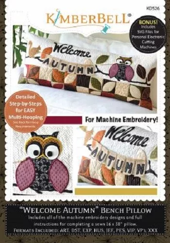 KimberBell Machine Embroidery CD ~ Welcome Autumn Bench Pillow ~ Fall ~ KD526