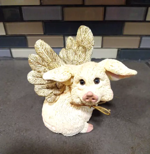 Pete Apsit Pig with Gold  Angel Wings Figurine  Pink  3 1/2 "