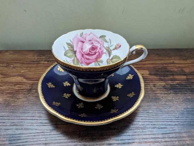aynsley england teacup And Saucer Fleur De Lis Cobalt Blue With cabbage rose