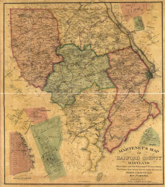 20" x 24" 1878 Martenet's Map Of Harford County Maryland  Shore Lines