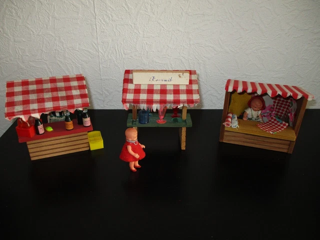 DDR Puppenstuben Zubehör 3 Stück Vero Holz Jahrmarktstände in OVP ( 2 )