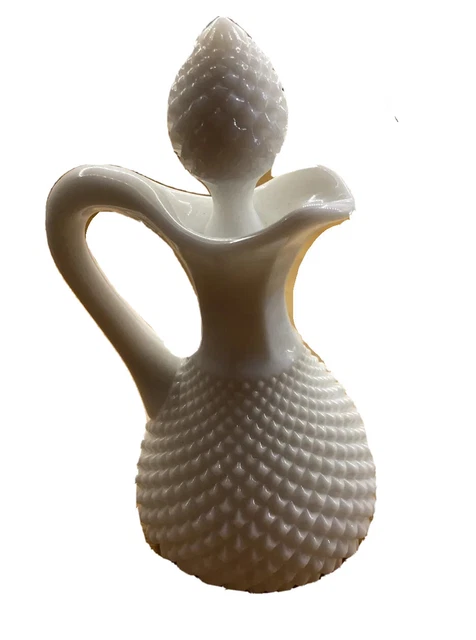 Oil Cruet White Milk Glass English Hobnail/Diamond Point Pitcher & Stopper Vntg