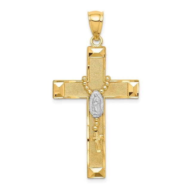 14K Two-tone Gold Cross w/Rosary Pendant For Womens 2.87g