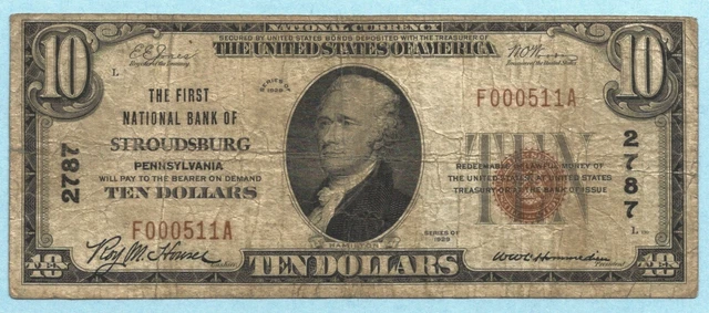$10 National Currency 1929 - Type 1 - Ch#2787 - 1st NB, Stroudsburg, PA - F+
