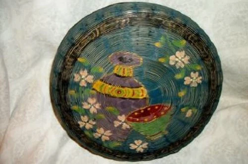 1920s JAPAN HP WICKER SEWING BASKET GESSO ORIENTAL VASES RARE BLUE LOVELY