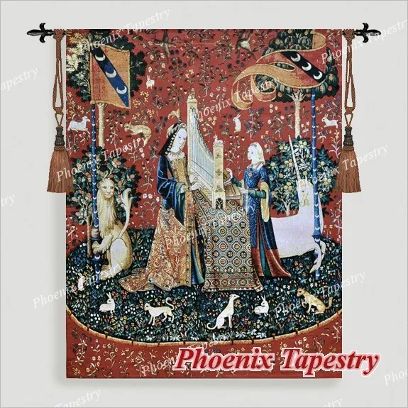 (LARGE) HEARING The Lady & Unicorn Medieval Tapestry Wall Hanging Jacquard Weave
