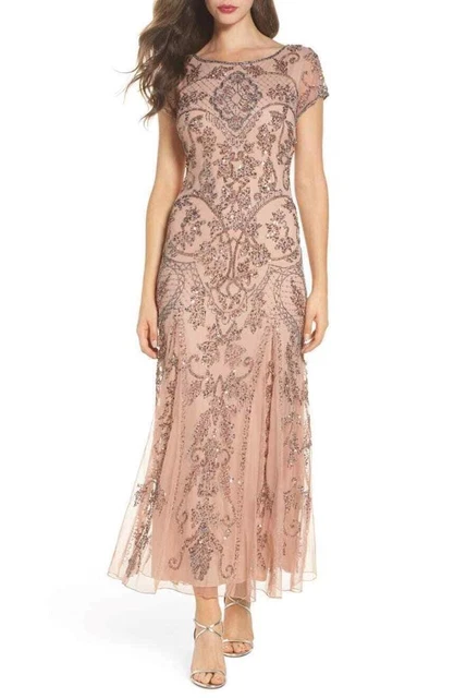 New Pisarro Nights Womens Size 8 Blush Beaded Embellished Mesh Gown Dress