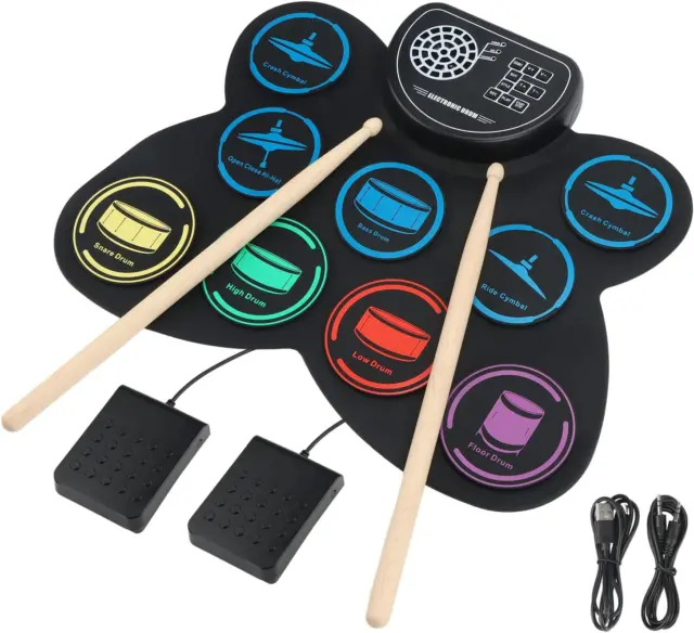 Electronic Drum Set, Marrilley 9 Drum Practice Pad with Headphone Jack, Roll-up
