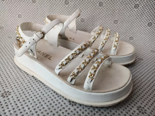 CHANEL WHITE LEATHER Gold Chain CC Logo Charm Dad Sandals Size 36