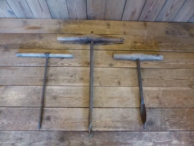 3x antike Handbohrer Bohrmaschine Holz/Erdbohrer Bohrer Drehbohrer für Deko