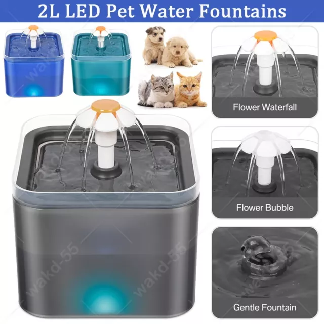 2L Cat Water Fountain for Pet Dog LED Drinking Water Bowl Automatic Dispenser UK
