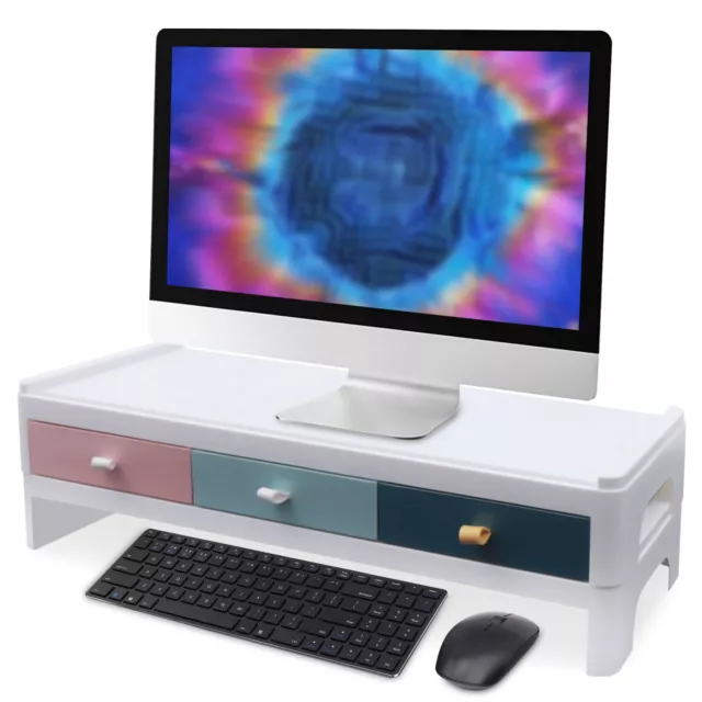 Computer Desktop Monitor Stand Laptop TV Display Screen Riser Shelf Drawer White
