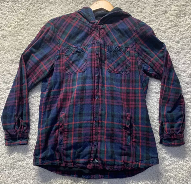 Eddie Bauer Womens Large Blue Red Lined Hooded Flannel Shirt Jacket