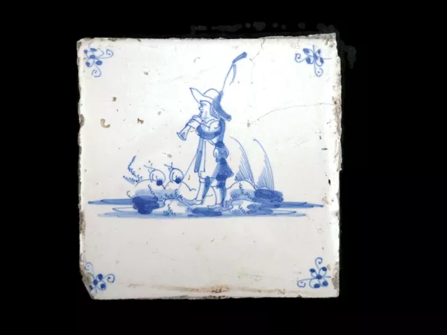 Antique Delft Tile Dutch Man Playing a Horn Art Architectural Garden