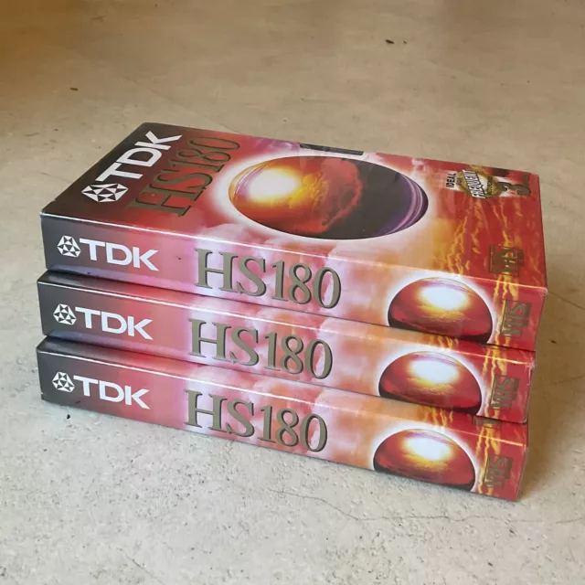 3 x TDK HS180 VHS Video Tapes (9hrs record) New & Sealed. Blank.