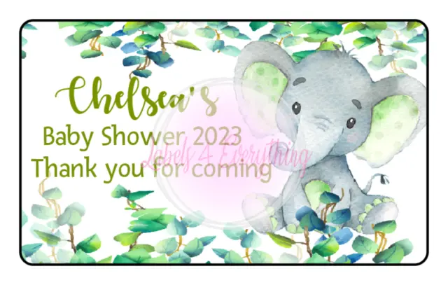 Personalised Baby Shower Green Rectangle Stickers Elephant Gender Reveal Favours