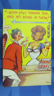 SAUCY COMIC POSTCARD 1960s Big Boobs Butcher BOTH VERY TENDER SIR EUR 7