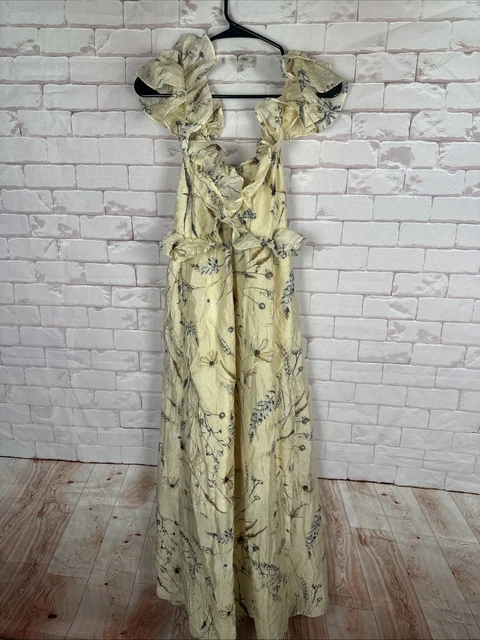 H&M Yellow Floral Print Backless Maxi Puff Sleeve  Dress Size M