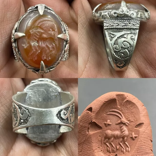 Unique Ancient Near Eastern Old Agate Intaglio Stone Solid Silver Wonderful Ring