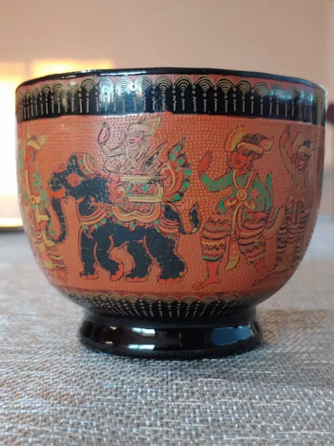 木胎漆器雕刻人物茶碗 Antique Burmese Burma lacquerware Wooden Tea Cup Engraved Sencery Art 2