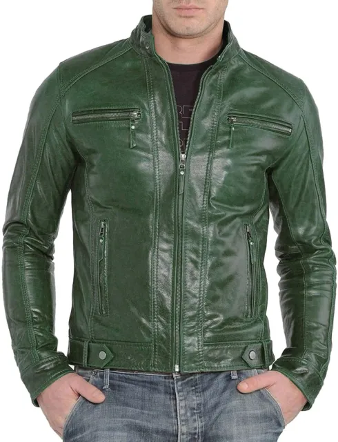 Men's Genuine Lambskin Real Leather Jacket Motorcycle Biker Slim Fit Green Coat