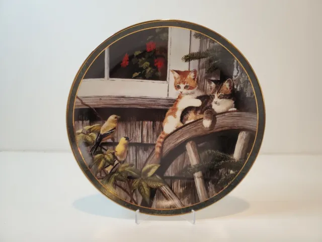 NOSY NEIGHBORS Cat Kitten Plate SURPRISE VISIT Bird Gold Finches By Persis Weirs
