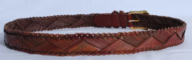 Vintage Leather Belt Mens 34-36 Braided Woven Brown Solid Brass Buckle 80s