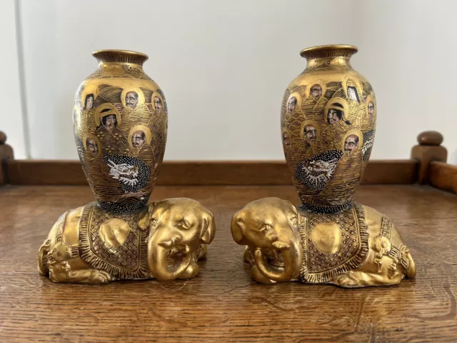 Pair Signed Antique Meiji Japanese Satsuma Pottery Elephant Vases Asian