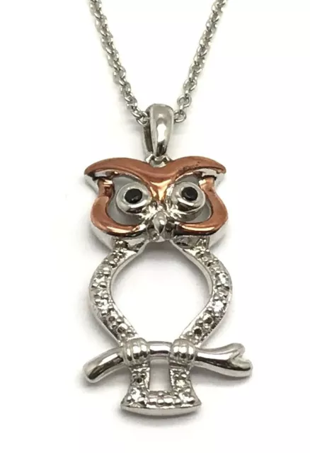 Sterling Silver 925 Two Tone Black Onyx - CZ Elegant Night Owl Pendant Necklace