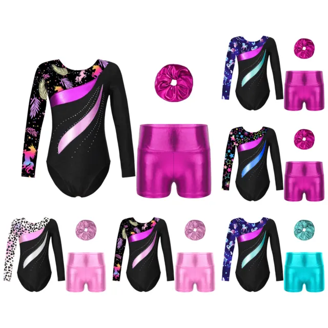 UK Girls Gymnastics Leotard Ballet Dance Unitard and Shorts Hair Scrunchies Set