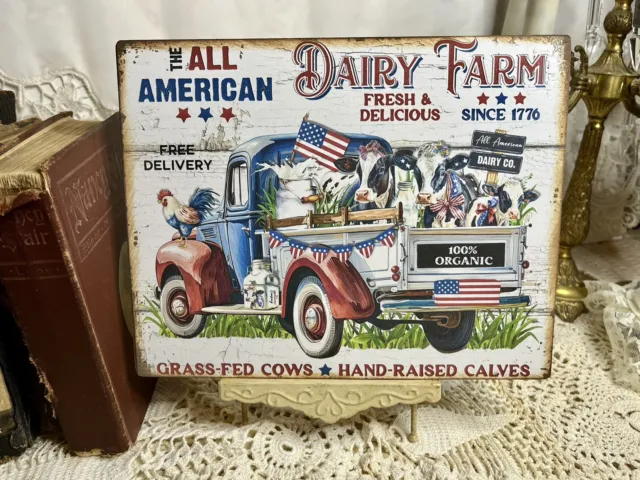 All American Dairy Farm, Cows, Farm Truck,  Patriotic Handcrafted Plaque / Sign