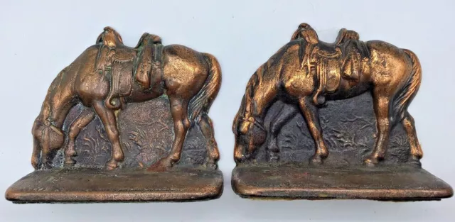 Vtg Pair Bookends Cast Iron Bronze Brass Finish, Saddled Horses grazing