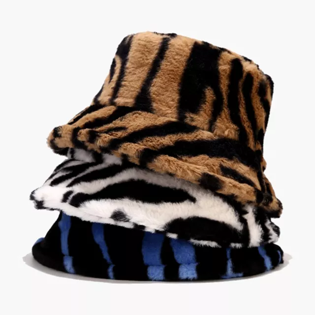 Womens Ladys Bucket Hat Winter Warm Faux Fur Tiger stripes Fisherman Hat