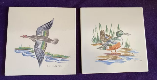 Vintage Hand Painted Bird Tiles Blue Winged Teal & Shoveller Ducks Felt Backed