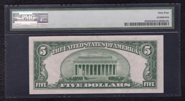 FR. 1654-Wi WIDE I 1934-D $5 FIVE DOLLARS SILVER CERTIFICATE PMG UNCIRCULATED-64 2