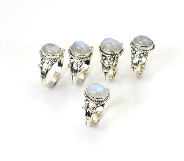 Wholesale 5Pc 925 Solid Sterling Silver White Rainbow Moonstone Ring Lot L744