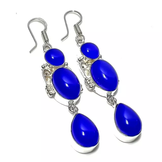 Blue Onyx Gemstone Handmade 925 Sterling Silver Jewelry Earring Sz 2.5''