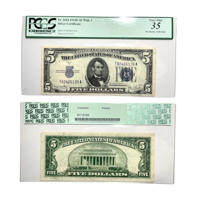 1934-D "WIDE I"  -Five Dollar Silver certificate Blue Seal  Fr.1654  PCGS  VF35