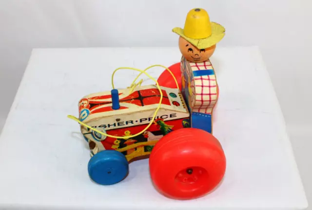 Fisher Price #629 Farmer Tractor Pull Toy 1961 String Attach Wooden Vintage USA